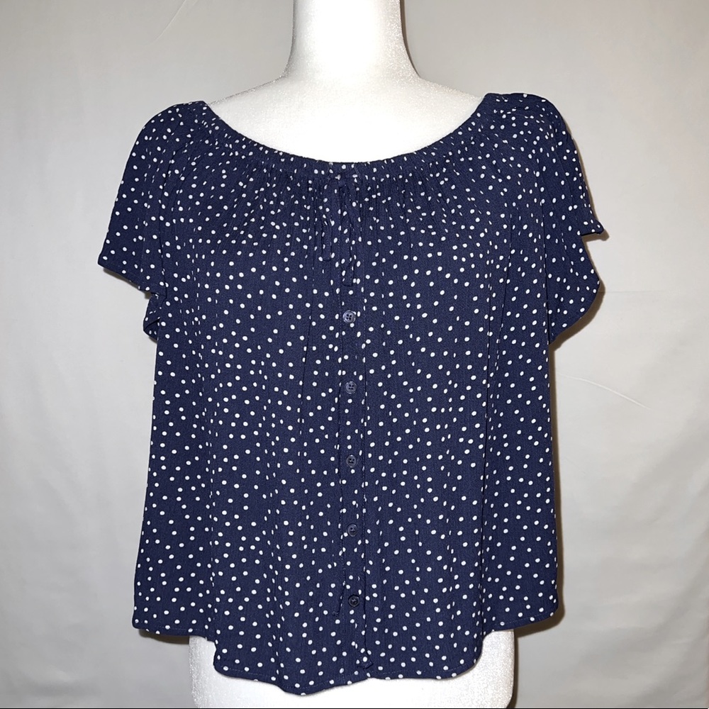Express Off the Shoulder Blouse -Navy Blue with White Polka Dots Size: Medium